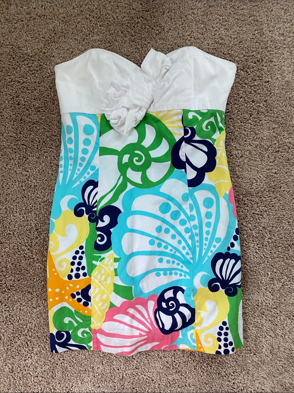 White Strapless Dress with Multicolor Shell Print